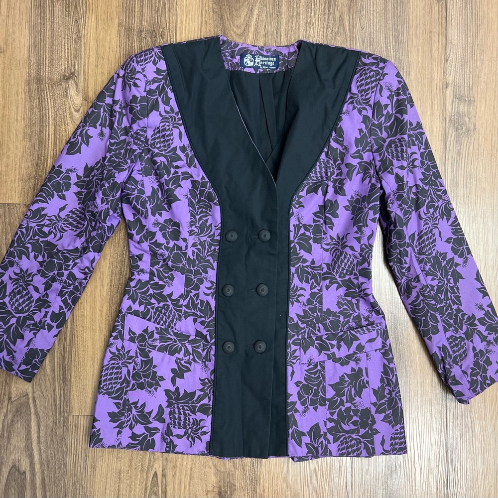 Hawaiian Heritage By Allan James Vintage Retro Aloha‎ Blazer Jacket Purple Black